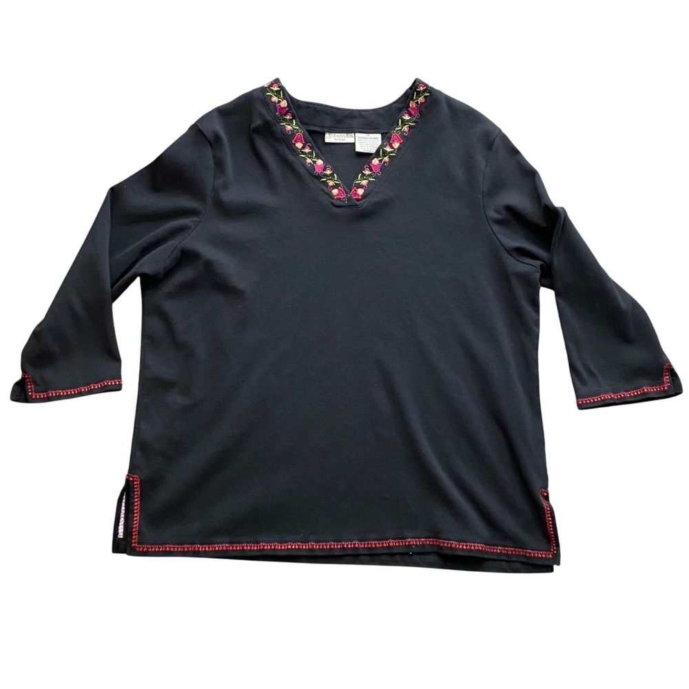 St Johns Bay Woman Black Floral‎ Embroidered V-Neck 3/4 Sleeve Top 1X Cotton
